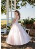 Ivory Lace Pink Tulle Keyhole Back Garden Flower Girl Dress